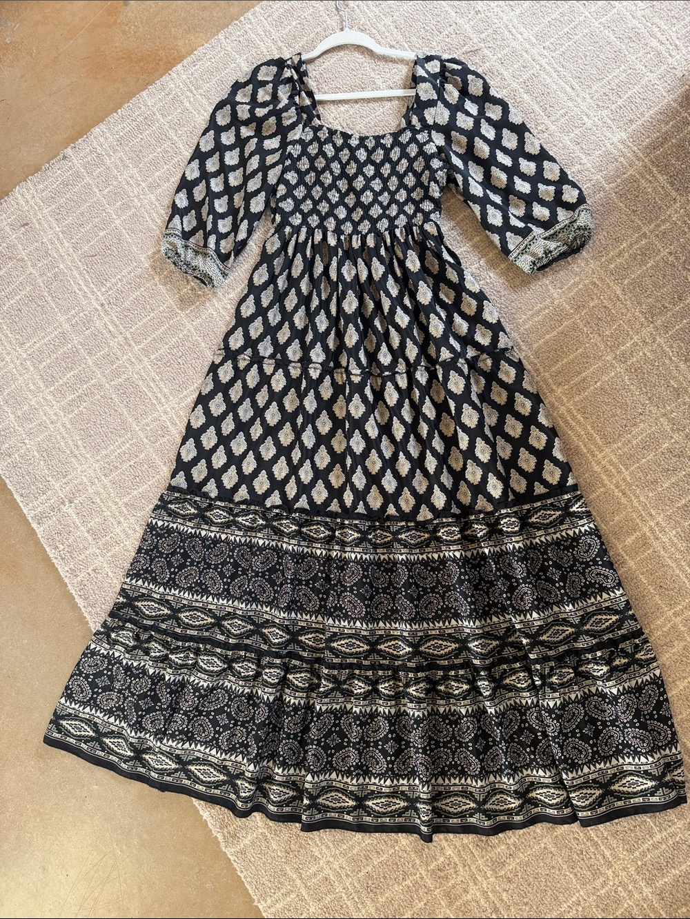 Black Maxi Dress with Cream Print and Smocked Bodice